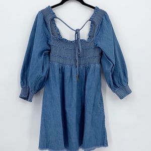 Free People This Is Everthing denim Smocked Tie Neck Mini Dress XS
